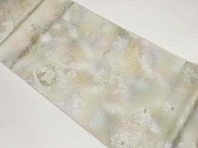 色紙に花々模様織出し袋帯